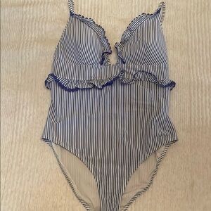 J. Crew Blue and White Striped Ruffle One Piece Swimsuit